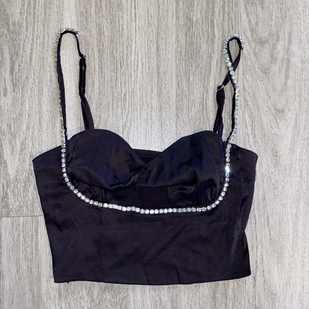 Black satin rhinestone top